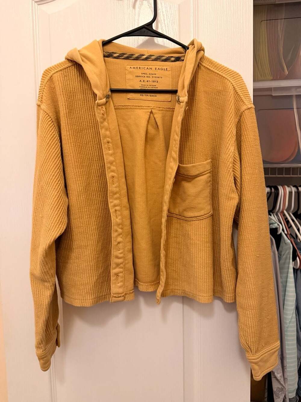 American Eagle Fleece Shirt Jacket Size XS Yellow Corduroy Hooded